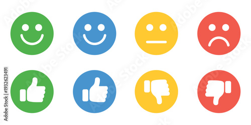 Emoticon icons vector illustration, circular faces and hands showing emotions and opinions, happy, neutral, sad, thumbs up and thumbs down symbols flat design.