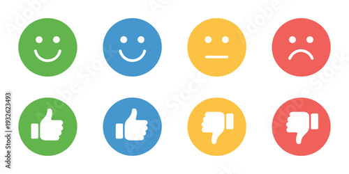 Emoticon icons vector illustration, circular faces and hands showing emotions and opinions, happy, neutral, sad, thumbs up and thumbs down symbols flat design.