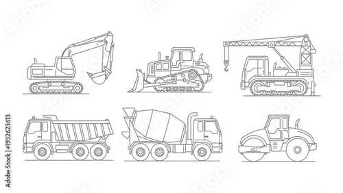 Construction Machinery Array: A schematic illustration showcases an array of construction machinery, each essential for various tasks on a construction site. This array includes an excavator.
