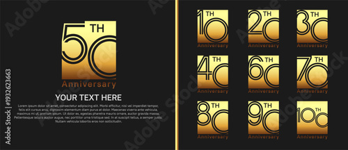 anniversary logo set with square. gold color on black background for celebration moment