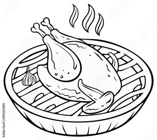 Roasted chicken on a grill with garlic and rising steam illustration