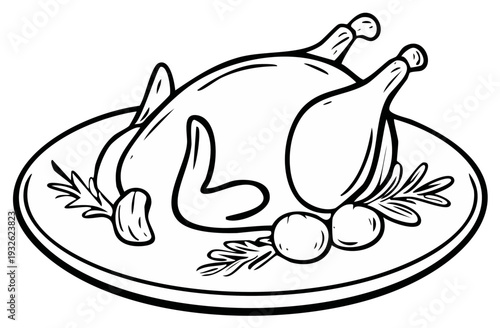 Roasted chicken served on a platter with garnishes