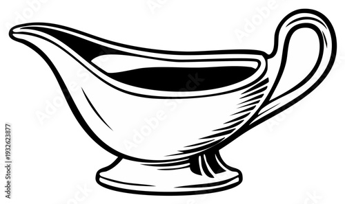 Ink drawing of a gravy boat on a white background, kitchen utensil.