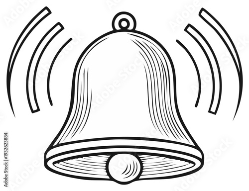 Ringing bell graphic with sound waves, classic vintage drawing style