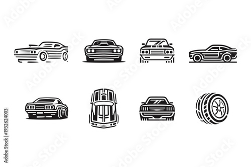 Classic Muscle Cars Automotive Black Line Art Icons
