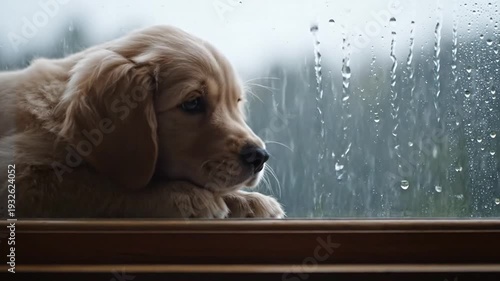 Sad Golden Retriever Puppy Looks Out Rainy Window, Feeling Lonely and Wistful on a Gloomy Day