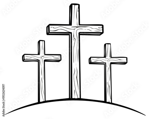 Three wooden crosses on a hill representing faith and spirituality in simple black and white drawing