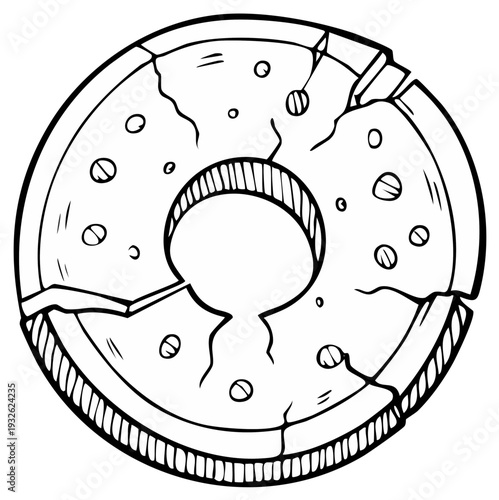 Cracked ancient coin with textured surface and central hole illustration