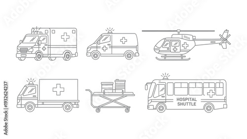 Emergency Medical Services Collection: A comprehensive illustration of various emergency vehicles, meticulously designed to cater to a spectrum of medical transportation scenarios.