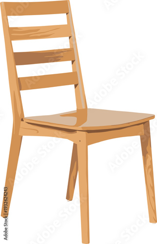 "Minimalist wooden chair illustration featuring modern design with flat seat, slatted backrest, and angled legs, ideal for furniture, interior design, and home decor references"