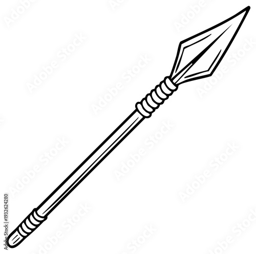 Black and white illustration of a spear with a sharp blade and a wooden handle