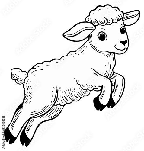 Cartoon lamb leaping joyfully, isolated on white, black and white illustration