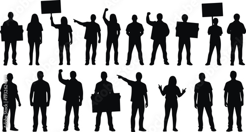 Protest crowd silhouettes set, people holding banners and placards during demonstration isolated on white background vector illustration