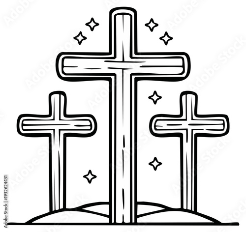 Three crosses symbolize Christian faith, illustrating sacrifice and resurrection, with glowing stars.