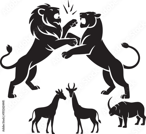 Lions fighting while giraffes and an antelope observe, animal silhouettes vector illustration