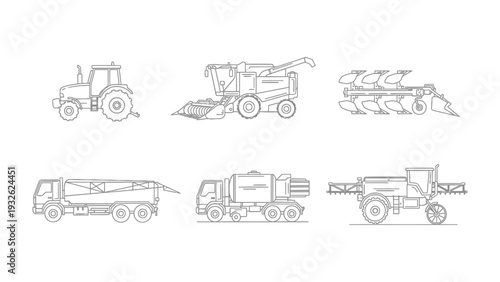 Agricultural Machinery Line-up: A comprehensive illustration showcasing various agricultural machines, symbolizing modern farming and efficient cultivation.