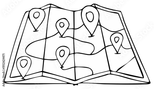 Sketch of folded map with multiple location pins indicating a route or marked points on the area black and white