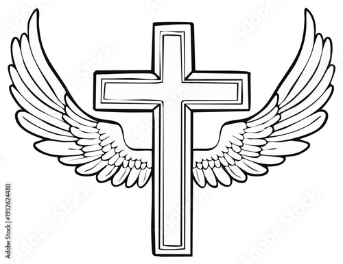 Christian Cross with Angel Wings Line Art Illustration Religious Symbolism