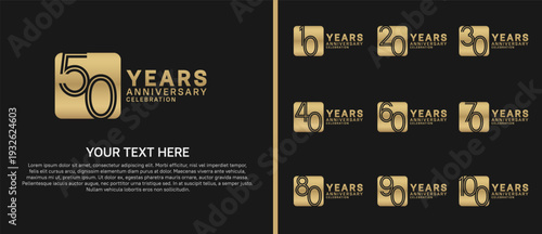 anniversary logo set with circle. gold color on black background for celebration moment