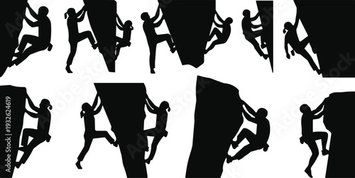 Rock climber silhouette set, mountain climbing athletes scaling cliff wall, extreme sport adventure isolated vector illustration collection
