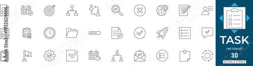 Task line icon set featuring checklist, to-do, assignment, reminder, priority, status, and list. Professional editable vector illustration