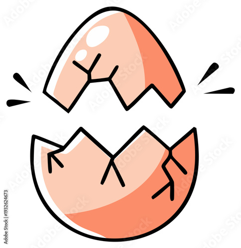 Cracked Easter egg shell with playful radiating lines and a bright orange hue