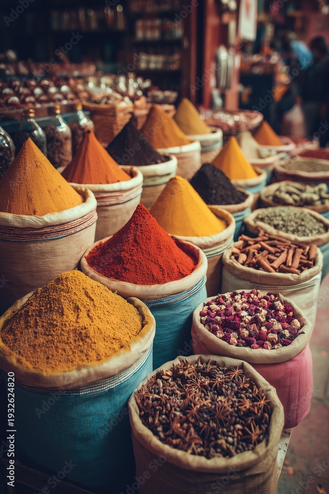 Fototapeta premium Colorful spices and herbs in the bazaar of fez, Morocco.