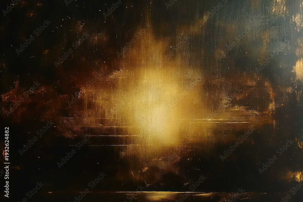 Fototapeta premium golden luminous orb breaking through dark textured clouds above a calm reflective waterline, evoking a serene and mysterious atmosphere