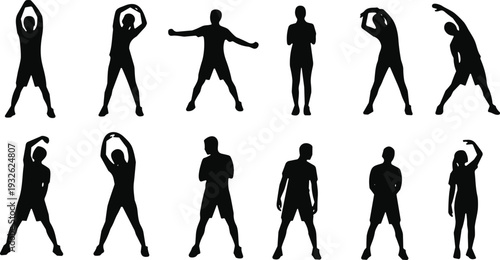 Stretching exercise silhouettes set, men and women warming up isolated on white background vector illustration collection