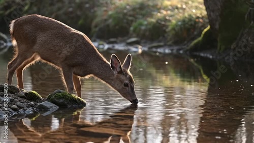 Young deer gently drinking water from a sunlit forest stream, showcasing peaceful wildlife behavior