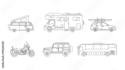 Transportation Collection: Line art showcases various modes of transportation, highlighting their diverse designs and functions, ready for the open road.