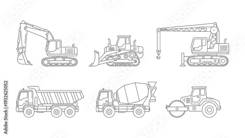 Construction Machinery Line Art: A set of detailed line art illustrations showcasing various heavy construction machinery, each designed with precision and clarity.