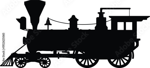 Vintage steam locomotive silhouette, classic old train engine isolated on white background vector illustration for transport design