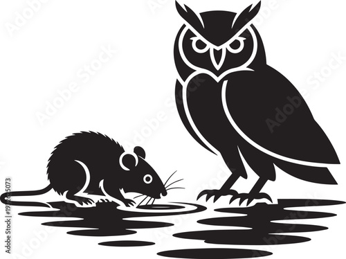Owl and mouse silhouettes near water reflecting in water