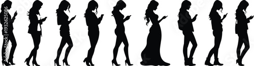 Women using smartphone silhouettes set, fashionable female figures texting isolated on white background vector illustration collection
