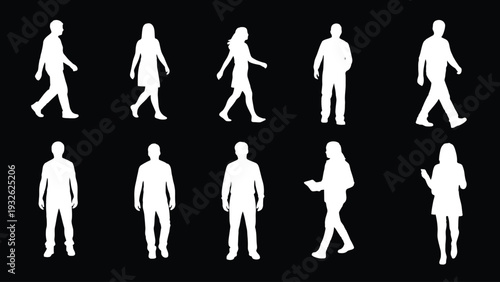 Collection of white silhouettes of people walking and standing in various poses on a black background