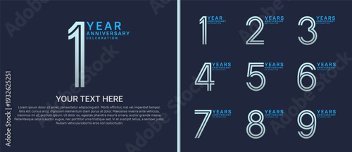 anniversary logo set multiple line style. silver and blue color on blue background for celebration moment