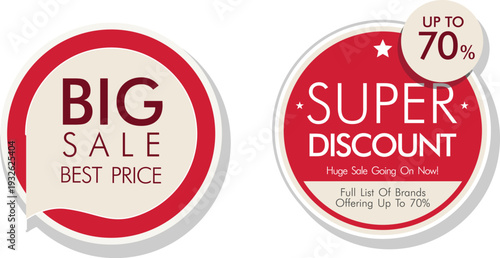 A couple of discount stickers on a white background