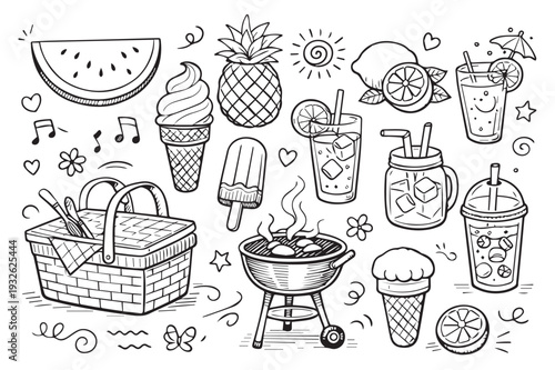 Hand Drawn Summer and Spring Doodle Collection, Cute Vector Travel Icons, Abstract Shapes, Nature Elements and Beach Vacation Sketches Set