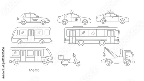 Urban Transit Collection: A minimalist illustration showcases a diverse collection of urban vehicles, including taxis, buses, scooters, and a tow truck, essential for navigating city landscapes.