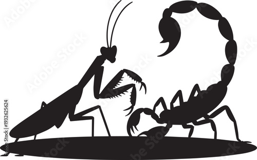 Praying mantis and scorpion silhouettes facing each other in wild insect combat illustration