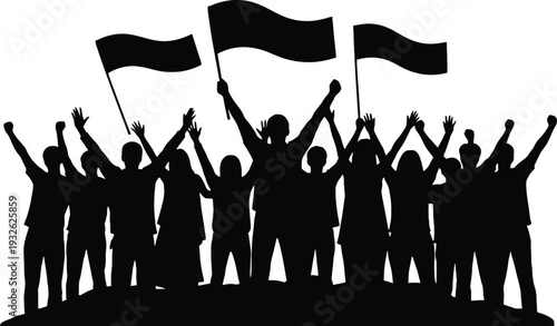 Silhouette of a group of people with raised hands and flags in celebration  people waving