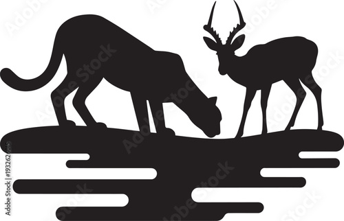 Predator cheetah and gazelle silhouette illustration near water source in savanna landscape