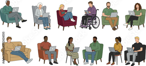 Diverse people using laptops illustration showing remote work, inclusive workplace, accessibility, online communication and modern digital lifestyle concept