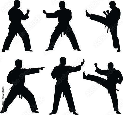 Silhouettes of men in various karate fighting poses and stances on white background
