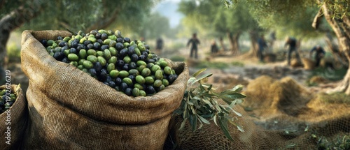 The Olive Harvest Burlap Sack Overflowing with Fresh Olives in Sunlit Orchard