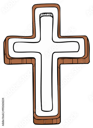 Illustrated wooden Christian cross symbol against white background.