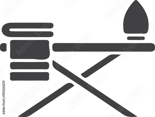 Ironing board with iron and folded laundry icon