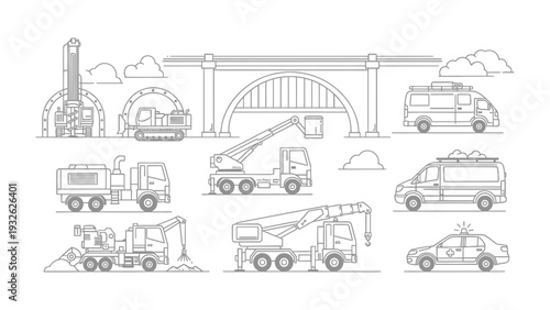 Construction and transport vehicles graphic: An illustration showcases an array of vehicles used in construction and transport.