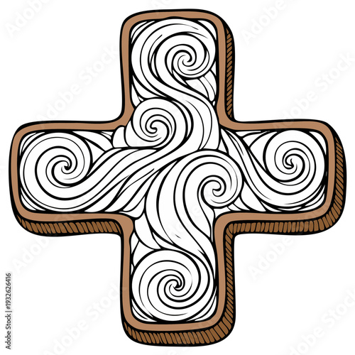 Decorative hand-drawn plus sign with ornate swirling lines in brown and white